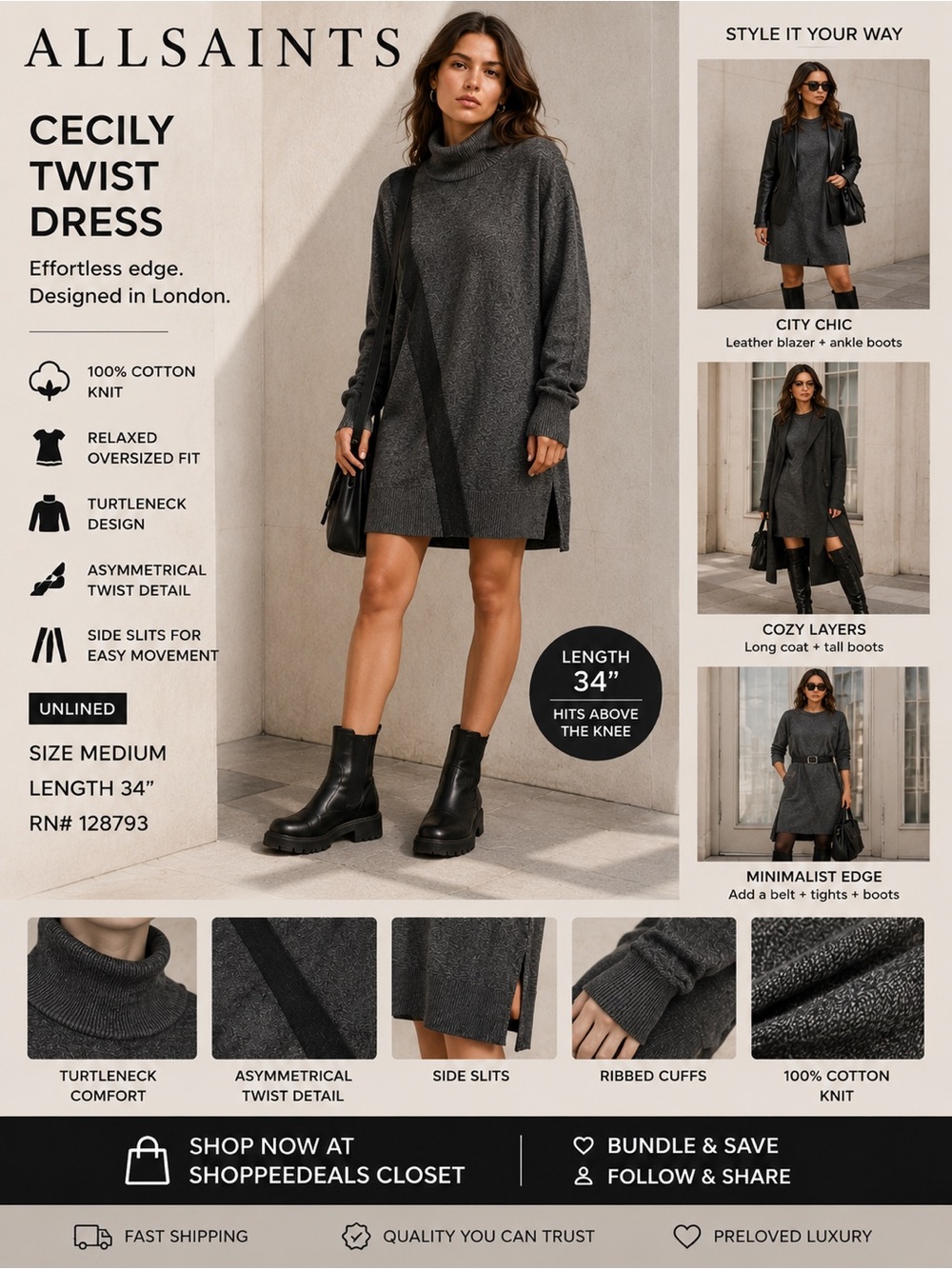 AllSaints Cecily Twist Sweater Dress | Medium | Gray & Black Turtleneck Knit